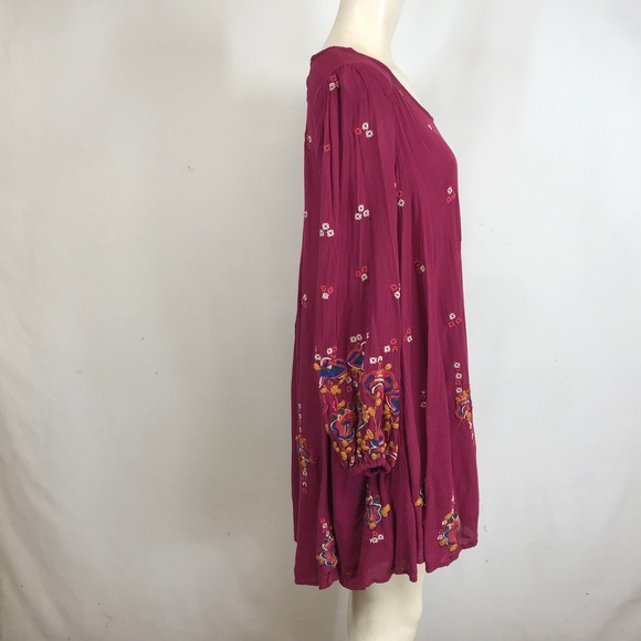 Free People Embroidered V Neck Long Sleeve Mini Dress Berry Size L - Picture 4 of 8